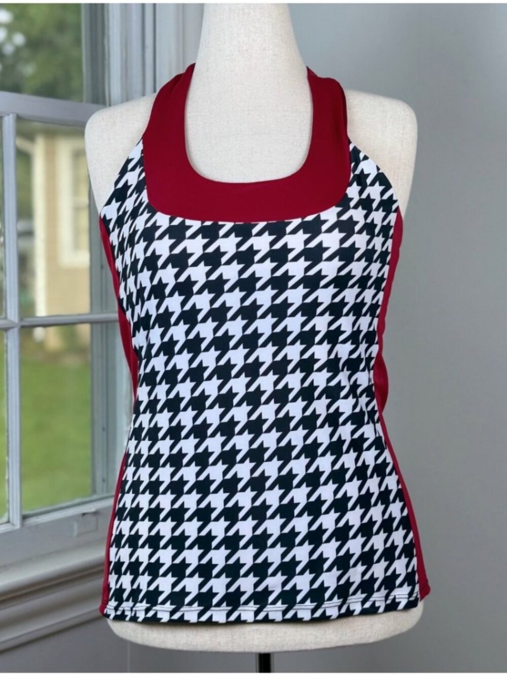 Moxie Cycling Jersey Tank Top XL Red Black White Houndstooth Pockets Workout